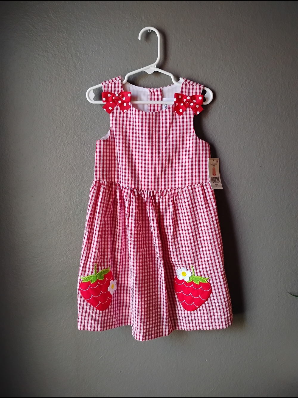 Counting Daisies Red Gingham Strawberry Pocket Dress with Polka Bow Straps